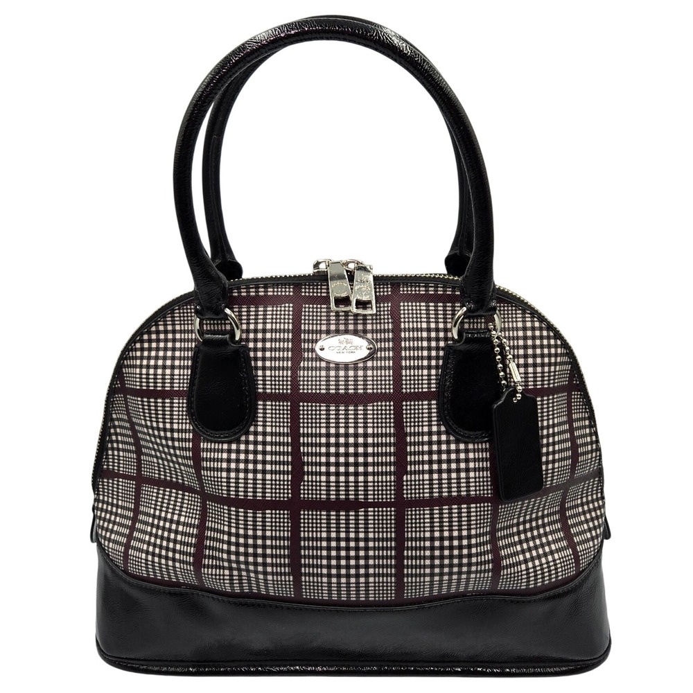 Coach Dome Satchel Handbag Plaid Print Leather Trim Designer Purse